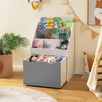 Produktbild von Kinder Bücherregal mit 3 Fächern und herausziehbarer Spielzeugkiste mit Rollen, Spielzeugregal Spielzeug-Organizer Kinderzimmerregal, Kinderregal aus Holz für Kinderzimmer