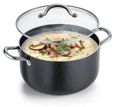Image de Casserole de 7,6 L - Revêtement antiadhésif - Sans PFOA ni PFAS - Compatible avec les plaques de cuisson à gaz, à induction et électriques - Avec couvercle en verre - Idéale pour les soupes, les ragoûts et les pâtes