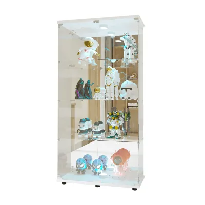 Produktbild von Glasvitrine mit Beleuchtung, Glasvitrine in Weiß，Vitrinenschrank Weiß，Sammlervitrine mit 4-stufigen Einlegeböden，Glasständer, Aluminium, gehärtetes Glas, 80,49 x 36,49 x 163,9 cm