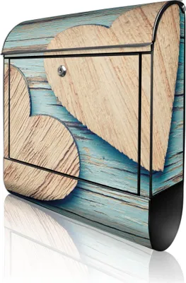 Produktbild von banjado Design Briefkasten Stahl schwarz mit Zeitungsfach pulverbeschichtet "Holz Herzen" 38x46x12,5cm & 2 Schlüssel - Postkasten A4 Einwurf inkl. Montagematerial [BKSCH 12981]