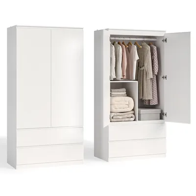 Productafbeelding van Kledingkast BEALIFE, 90x50x180 cm, met kledingstang en 2 lades | Geschikt voor appartementen en studentenkamers | Wit | AP129