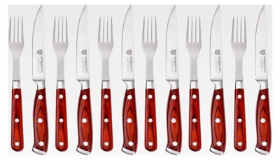 Produktbild von 12-teiliges Steakbesteck, Besteckset für 6 Personen, Steakmesser- und Gabelset, Pizzabesteck, rustikales Pizzamesser