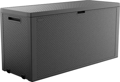 A dark gray storage box with a textured surface and lid, shown from a slight angle.