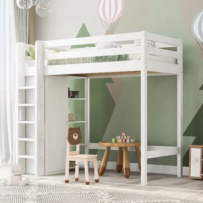 Produktbild von MODFU Hochbetten Kinderbett 90x200 cm -208x110x186(BxTxH) mit Kleiderschrank und 6 Regalen, Weiß