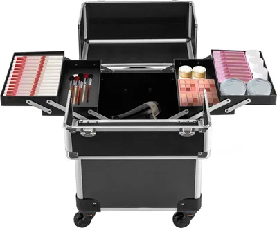 Produktbild von Schminkkoffer auf Rollen - Trolley Kosmetikkoffer - Große Kapazität - Vier Ablagen - Teleskopgriff - Drehrollen 360° - Abschließbar - Maße 34×24×45 cm - Schwarz