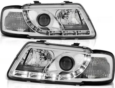 Zdjęcie produktu dla Reflektory LED z funkcją świateł do jazdy dziennej, pasujące do Audi A3 8L (96–00), chromowane