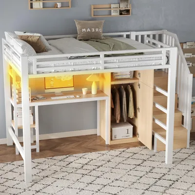 Produktbild von STILVORA Metall-Hochbett 140x200 mit Matratze Bettgestell mit Schreibtisch, Regal und Kleiderschrank, Jugendbett mit Stauraumtreppe und LED-Beleuchtung, Kinderbett mit Stauraum,Weiß
