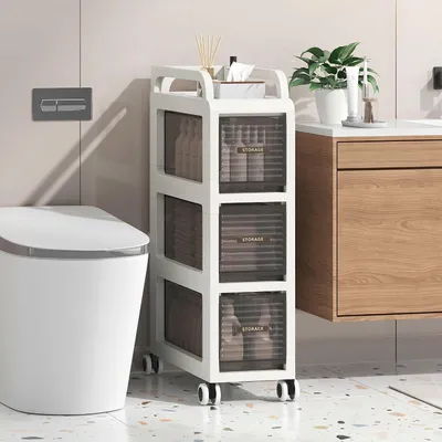 Imagen del producto de Armario estrecho para baño, sobre ruedas, de 20x41x65 cm, con 3 cajones