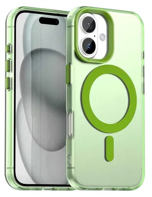 A green and clear iPhone case with MagSafe technology.