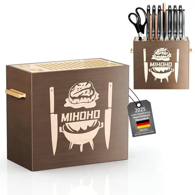 Produktbild von Messerblock aus Holz mit Schlitzen, Messerhalter für Arbeitsplatte, Walnuss, bis 16 Messer