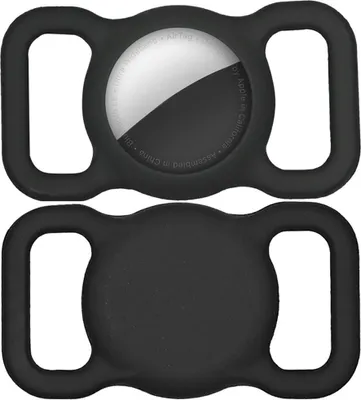 Two black silicone holders for an Apple AirTag are shown against a white background. One holder is shown from the front, with the AirTag inserted, and the other is shown from the back.