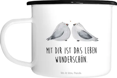 Produktbild von Mr. & Mrs. Panda Teebecher Turteltauben Liebe - Weiß - Geschenk, Freundin, Hochzeitstag, Camping Tasse, Jahrestag, Große, Haferl, Teetasse, Pott, Emaille, Tauben