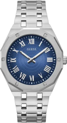 A close-up studio shot of a men's wristwatch with a blue dial and silver metal band.