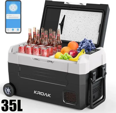 Immagine prodotto di Frigorifero portatile da auto con congelatore - Frigorifero a compressore da 35 litri, 12 V - Doppia zona - Controllo tramite app Bluetooth - Con rotelle - Per campeggio e viaggi