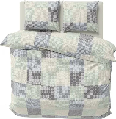 A bedding set with a checkered pattern of squares in beige, gray, green, and blue, including a duvet cover and two pillowcases, laid out on a white surface.