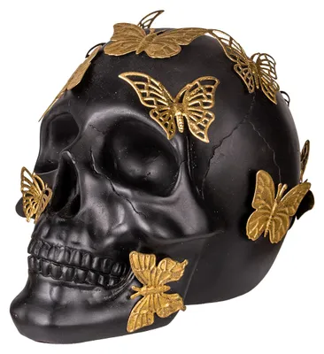 Produktbild von Schwarzer Totenschädel mit goldenen Schmetterlingen als Tischdeko 19 cm