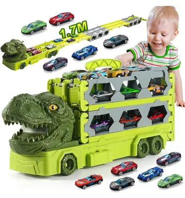 Produktbild von Dinosaurier Transporter LKW Rennstrecke mit 6 Autos Kinderspielzeug