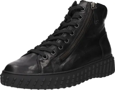 A black high-top sneaker is shown from a side-front angle against a white background.