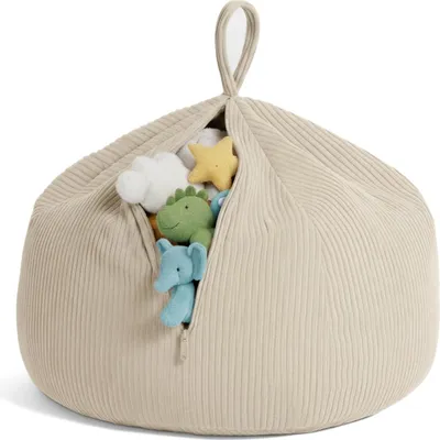 A beige corduroy bean bag cover filled with stuffed animals, with a zipper partially open.