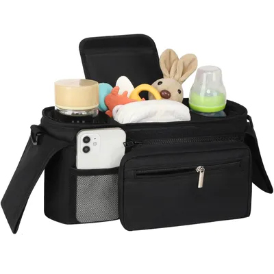 Produktbild von Universal-Kinderwagen-Organizer mit isoliertem Getränkehalter, abnehmbarer Handytasche und Schultergurt, Kinderwagen-Taschen-Caddy-Organizer