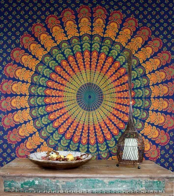 Produktbild von Boho Style Wandbehang, Indische Tagesdecke Mandala Druck - Blau/orange/grün, Baumwolle, 220*210*0,2 cm, Bettüberwurf, Sofa Überwurf