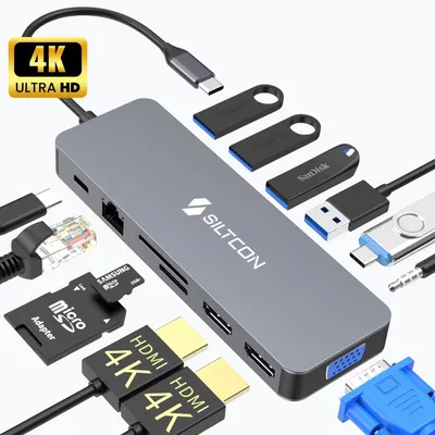 Produktbild von Siltcon® 13-in-1 USB-C Dockingstation – 2x HDMI 4K, PD 100 W, RJ45 Gigabit, VGA, 4x USB 3.0, SD/TF, Audio – Spacegrau