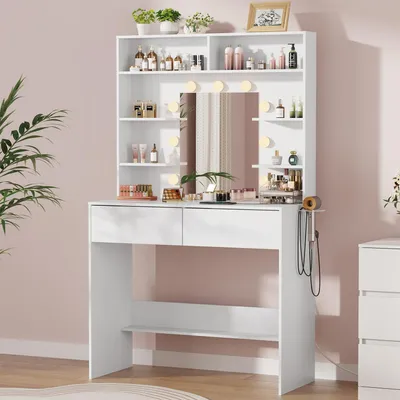 Produktbild von Schminktisch mit Spiegel, LED-Beleuchtung, Steckdose, 2 Schubladen, 6 Ablagen, 3 Farbmodi, Helligkeit einstellbar, weiß, EU25VT901W