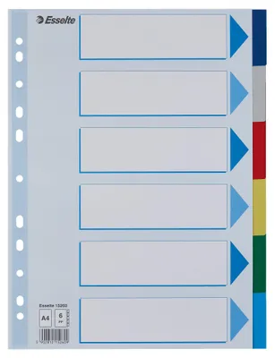 Produktbild von Esselte Register Blanko, Plastik, Leerer Registerindex, Polypropylen (PP), Mehrfarbig, A4, 2, 4, 6, 225 mm