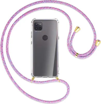 Produktbild von Handykette Backcover-Schutzhülle mit Band (Metall goldfarben) für Motorola Moto G 5G - lila/rosa/blau