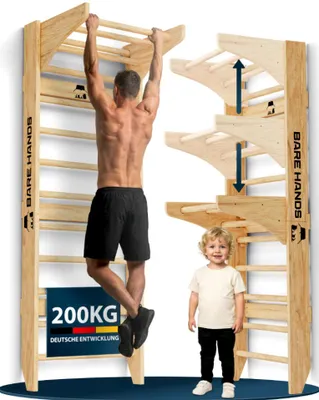 Produktbild von BARE HANDS 3in1 Sprossenwand mit Klimmzugstange & Dipstange - Sprossenwand für Erwachsene & Kinder - Extrem Robuste Kletterwand bis 200 kg