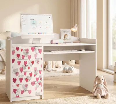 Produktbild von Kinderschreibtisch Schülerschreibtisch Weiß 4 Schubladen | Großer Lerntisch für Mädchen & Jungen | Tolles Design mit Motiv, KI-generiertes Bild
