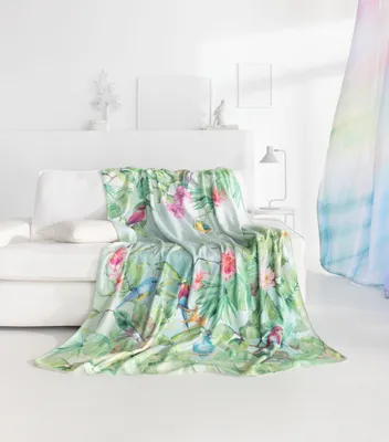 Productafbeelding van Estella Fleece deken, knuffeldeken, model Clare, 150x200 cm, junglegroen, met vogels, artikelnummer 8618-530