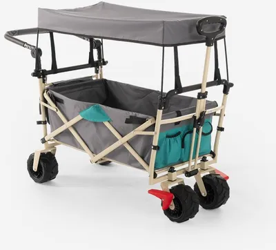 A folding wagon with a canopy and storage pockets, shown on a white background.