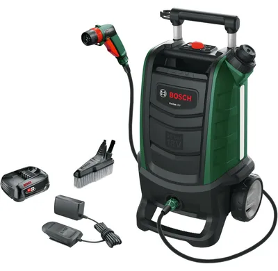 Obrázek produktu pro Aparat de spalat cu presiune pe acumulator Bosch Fontus 06008B6101, 18 V, 2.5 Ah, 20 bar presiune maxima, 15 l capacitate rezervor, 4 m lungime furtun, acumualtor, incarcator