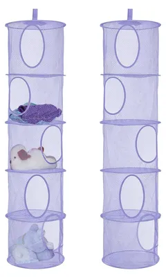 Image de Panier de rangement suspendu, organiseur suspendu pliable en 2 parties, étagère suspendue à 5 compartiments, sac de rangement en filet, panier de rangement pour peluches pour chambre d'enfant ou balcon (violet)