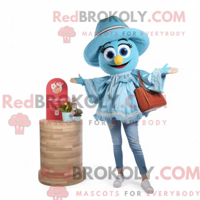 Produktbild von Maskottchenfigur REDBROKOLY einer himmelblauen Paella gekleidet in Boyfriendjeans und Handtaschen
