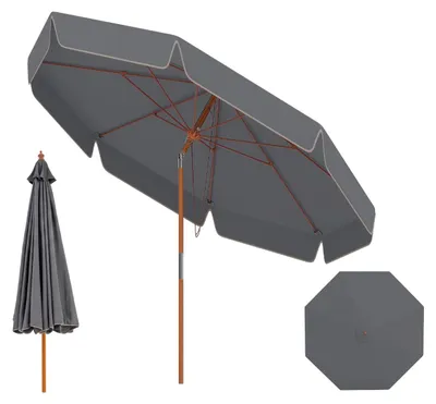 Immagine prodotto di KOMFOTTEU 300 CM Ombrellone da giardino, grande ombrellone ondulato con inclinazione regolabile di 30° tramite pulsante, ombrellone da mercato con palo in legno di faggio e 8 stecche in fibra di vetro, ombrellone a braccio per terrazza, patio, piscina, spiaggia