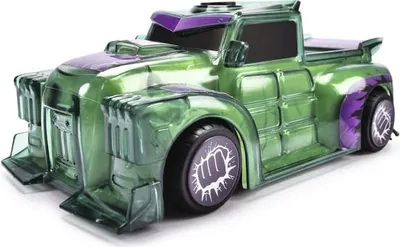 A green toy truck with purple accents is shown against a white background.