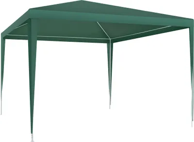 A green gazebo tent with four legs and a peaked roof, shown from a slightly angled front view against a white background.