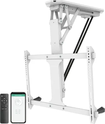 A white motorized TV ceiling mount with a remote and a smartphone app interface.