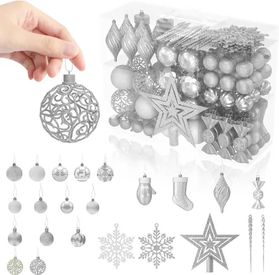 Imagen del producto de Conjunto QEENTOE de 138 adornos navideños de plástico para vino tinto, que incluye adornos de diferentes tamaños y acabados.