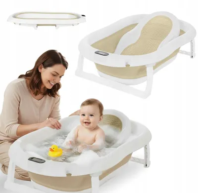 Obrázek produktu pro Primabobo PREMIUM skládací dětská vanička 79 cm se sedátkem a teploměrem, béžová