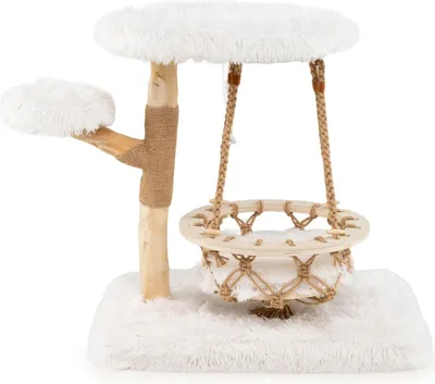 Produktbild von Katzenkratzbaum aus Holz - Kletterbaum - 3 Ebenen - Hängekorb - Echte Holzäste - Kratzsäulen mit Juteseil - 2 Liegeflächen + Plattform - Weiß