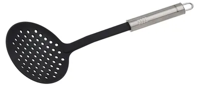 Produktbild von Fackelmann Abseihlöffel 33 cm OVALGRIFF, Abtropflöffel für beschichtete Pfannen und Töpfe, Küchenhelfer aus hochwertigem Edelstahl und Kunststoff (Farbe: Silber/Schwarz)