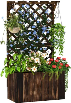 Produktbild von Hochbeet Pflanzkasten mit Rankgitter, Spalier Pflanzkübel Blumenkasten Holz, Gartenspalier 64 x 33 x 122cm Verkohlt