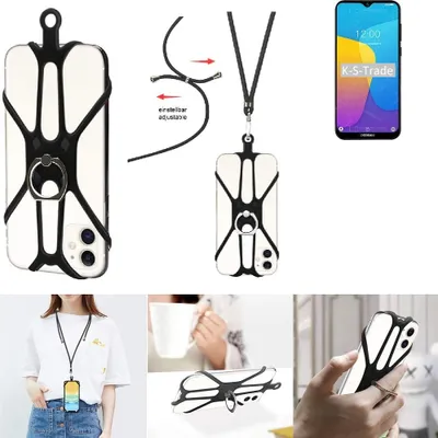 Produktbild von K-S-Trade 3in1 Handykette Handyband Handykordel Halsband Smartphone-Ring Handy-Ring kompatibel mit Doogee X90L Fingerhalterung Handyring Tischständer