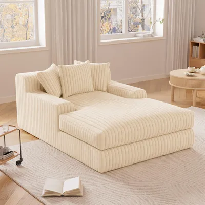 Obrázok produktu pre Rozkladacia pohovka Lazy Sofa z manšestru s 3 vankúšmi, pohodlná jednosedacia pohovka na podlahu, pohovka do obývacej izby, 160 × 110 cm, relaxačné kreslo, kreslo do obývacej izby, kreslo na čítanie, bez montáže, béžová
