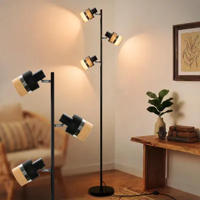 Produktbild von ZMH Stehlampe Wohnzimmer Stehleuchte Schwarz Vintage 3 Flammig E14 Wohnzimmerlampe mit Fußschalter Stoff 350° Drehbare Leselampe für Schlafzimmer