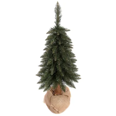 A full shot of a small artificial Christmas tree.
