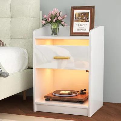 Produktbild von Nachttisch,Nachtschrank mit Led Licht,Einstellbare Farben,Nachtkommode mit Schubladen,Weiß Hochglanz Beistelltisch Kommode Sofatisch 40x35x58cm